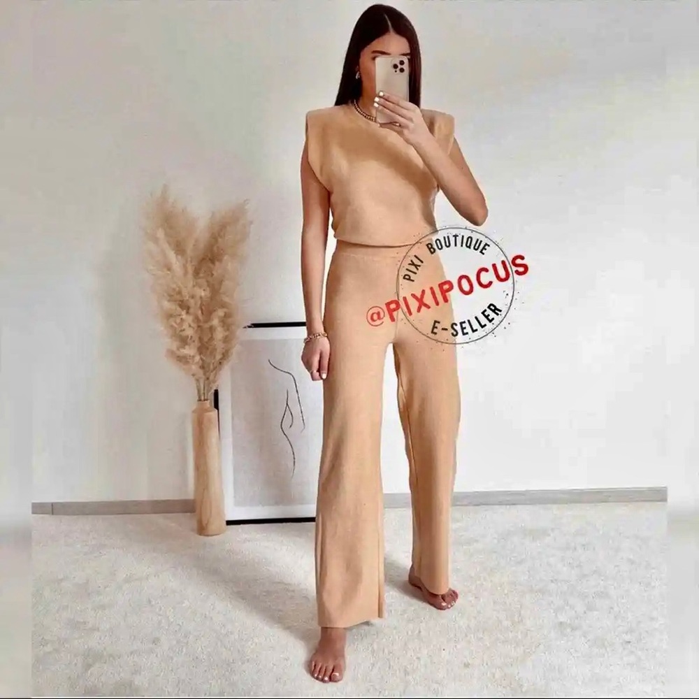 Zara 2 piece set - knit shoulder pad tee & matching pants tan lounge set - Picture 5 of 12